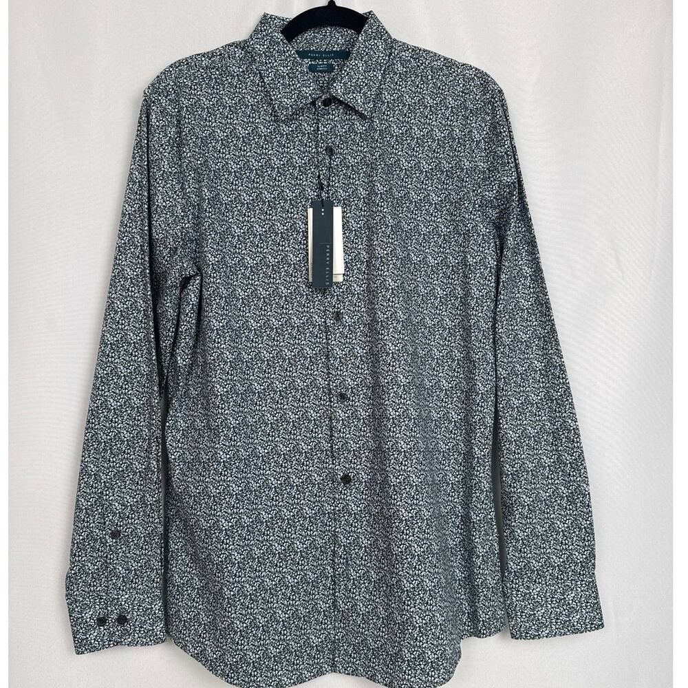 Perry Ellis Mens Slim Fit Stretch Ditsy Floral Shirt Size M Navy Blue Preppy